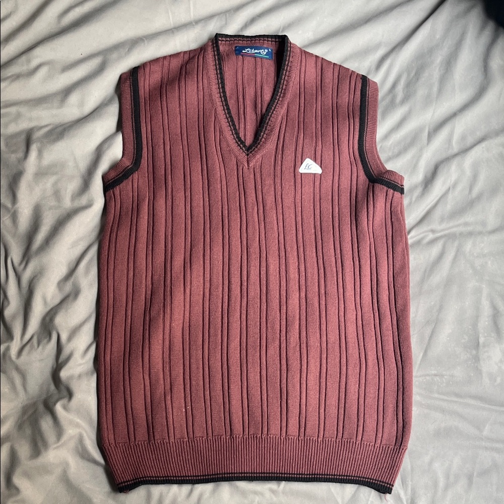 liberty Men's V-Neck Ribbed Sweater Vest in Burgundy with Black Trim